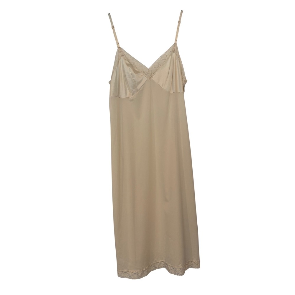 Vintage Champagne Coquette Full Slip Dress Lace Trim V-Neck Darted Bust Midi S